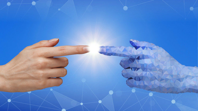 Human hand and AI hand